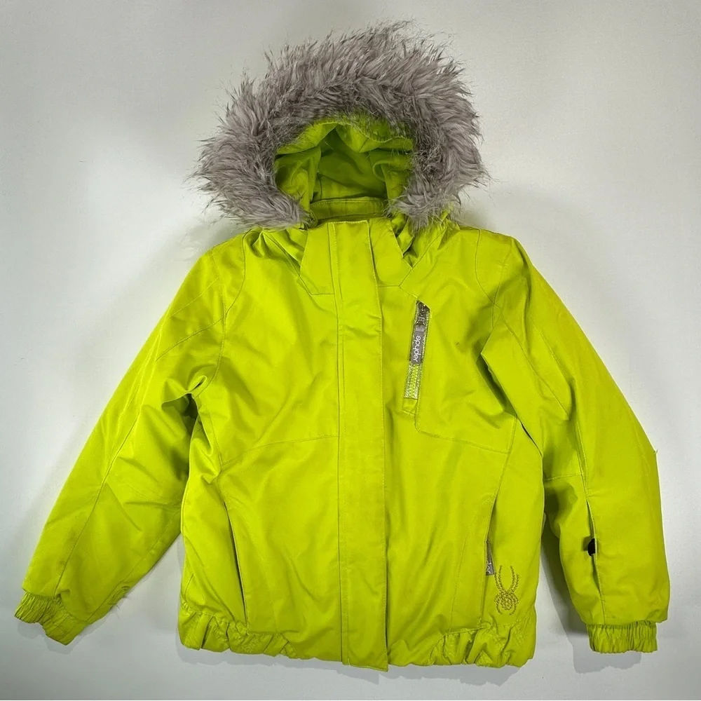 Spyder girls Bitsy Lola ski jacket insulated faux fur hood neon green size 5